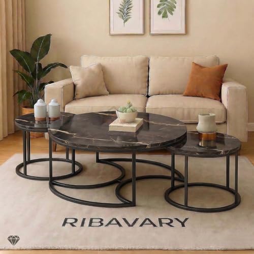 Image of Round Coffee Table Set of 3, Marble Laminated Accent Center Table with Sturdy Metal Base | Modern Foldable Nesting Stacking Tables for Living Room, Bedroom, or Apartments (Full Black)
