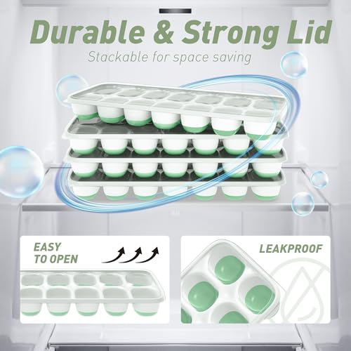 Image of ChefAide Ice Cube Tray with Lid, 4 Packs 56 Cubes Durable Stackable Ice Cube Trays for Freezer with Removable Lids, Easy-Release Plastic & Silicone Ice Tray for Cocktail, Coffee