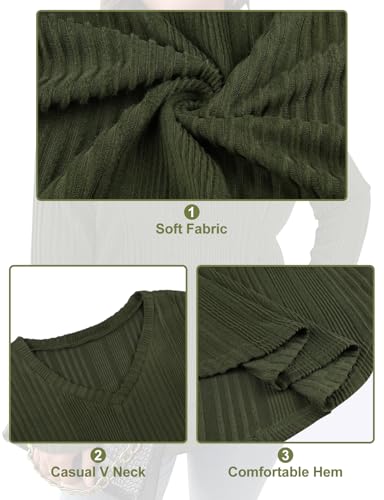 Image of Koscacy Women Plus Size Casual Knit Sweater with Pocket V Neck Solid Color Tops Lightweight Long Sleeve Blouses