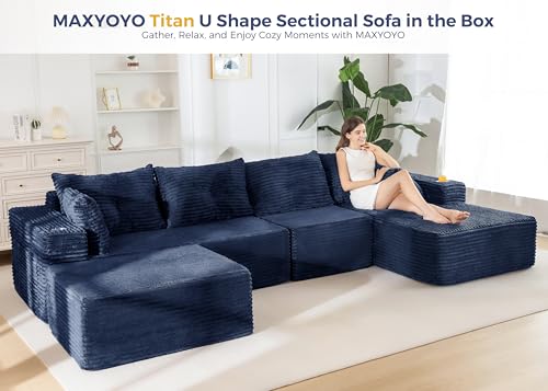 Image of MAXYOYO 132 inch Giant U-Shaped Modular Sectional Couch, Modern Boneless Couch for Living Room, Sofa in A Box, Oversized Sofa with Deep Seat, No Assembly Required, Navy