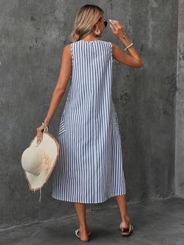 chouyatou Women's Casual Loose Vertical Striped Dress Crew Neck Sleeveless Midi Long Tank Dress with Pockets3