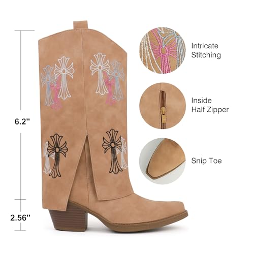 Hawkwell Cowboy Boots For Women Western Cowgirl Boots with Chunky Heel Mid Calf Snip Toe Side Zip Shark Boots with Embroidered Pull On Dress Fold Over Booties for Ladies4
