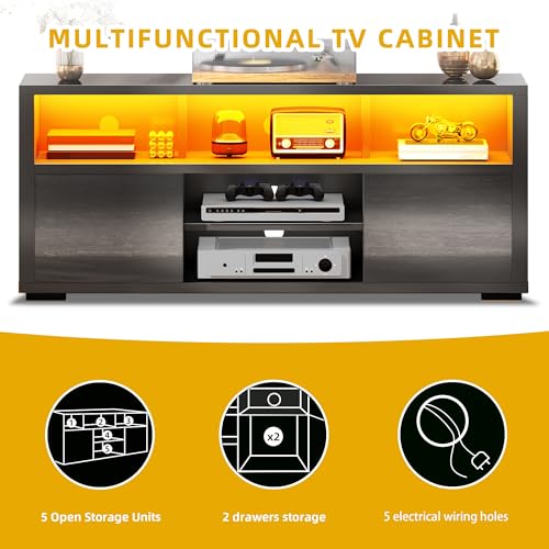 DWVO LED TV Stand for 55 Inch TV, Entertainment Center with 2 Storage Cabinet, 5 Open Shelves, Modern High Glossy Wood TV Console Table for Home, Living Room, Gaming Media Stand, Black