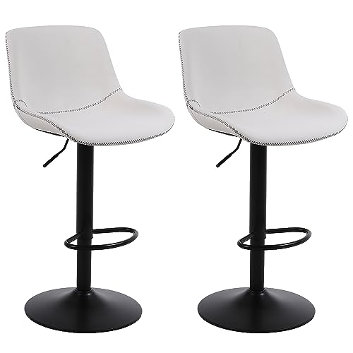 Ermnois Juego de 2 taburetes Altos de Cocina taburetes de Bar giratorios con Respaldo, sillas de Bar Modernas Ajustables, Taburete Alto sin Brazos de Piel sintética para Isla de Cocina, Color Blanco
