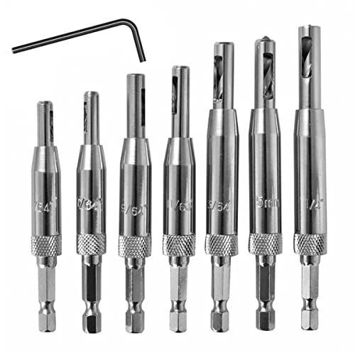 8 pcs Center Drill Bit Set, Self Centering Hinge Tapper Core Hole Puncher Woodworking Tools for Cabinet Door 5/64'' 7/64'' 9/64'' 11/64'' 13/64'' 5mm 1/4'' Tapper with Hex Key