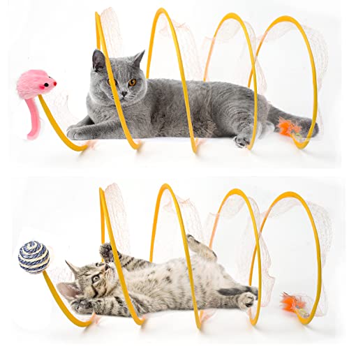 TEASIK 2-Pack Large Cat Tunnel Beds - Indoor & Outdoor Kitten Collapsible Spring Tunnel Toy with Feather and Bell Interactive Spring Toys for Cats & KittensYellow