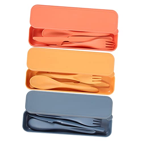 Yardwe 3 Sets Reusable Utensils with Case Wheat Straw Fork Spoon Cutter Set for Travel Camping Lunch Box Accessories Compact Easy to Clean