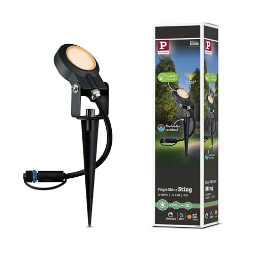 Paulmann 94728 Lum.exterior LED Plug & Shine, refl.jardín Sting foco indiv., resp.insectos IP67 2200K 6,3W antracita, red., regulable, luz dorada, alu