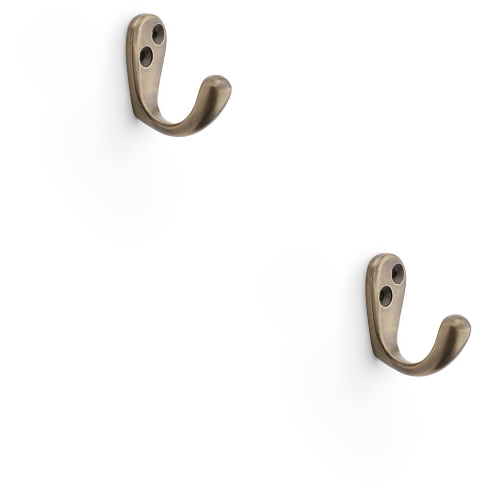 Loops Antique Brass 2 Pack - Solid Brass Victorian Single Robe Coat Hook - Wall Mounted Holder