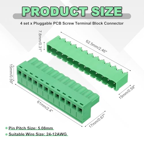 Terminales de tornillo de 5.08 mm para PCB con diseño enchufable de 12 pines y 300 V 20 A 2