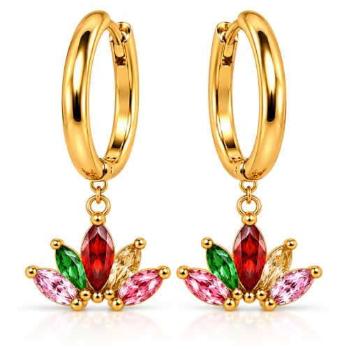 DEARI Multicolour Lotus Crystal Drop Huggie Earrings for Women & Girls | Gold Tone Floral Earrings | Waterproof Anti Tarnish Hypoallergenic Stainless Steel Jewellery | Daily Wear & Gifting