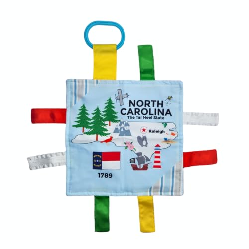 Image of Baby Jack & Co 8x8” Learning Lovey North Carolina State Tag Stroller Toy for Babies - Crinkle Toys for Developing Five Senses - Learn About Capitals - Travel with Baby Jack - BPA Free Clip