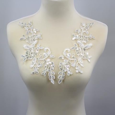 SUNMOVE Pair of Embroidery Sequin Lace Applique Sewing Flower Fabric Collar Patch Motif Wedding Gown Dress Bridal DIY Crafts （White） Cover