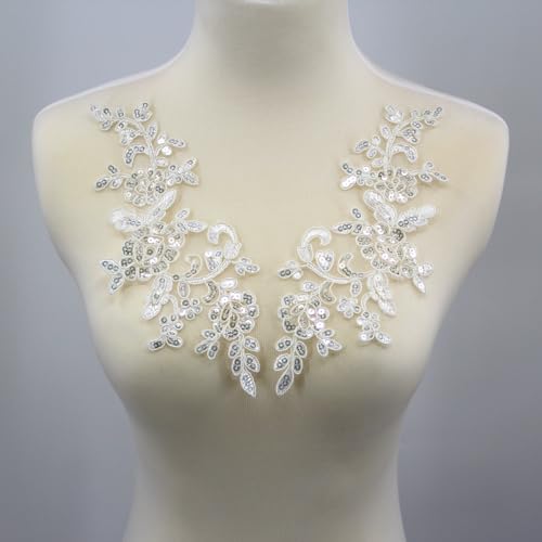 SUNMOVE Pair of Embroidery Sequin Lace Applique Sewing Flower Fabric Collar Patch Motif Wedding Gown Dress Bridal DIY Crafts (White)
