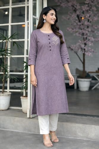 Image of Women's Embellished Khadi Cotton Kurti | Ethnic Straight Kurta Top | Breathable Casual Regular Fit
