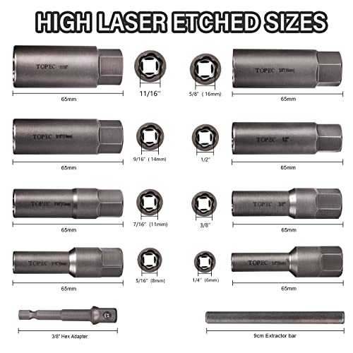 TOPEC 10-Piece Spiral Type Deep Socket, Impact Bolt & Nut Remover Set, for Removing Deep-Set and Broken Nuts, Bolts, Studs, Fittings, Threaded Tubes