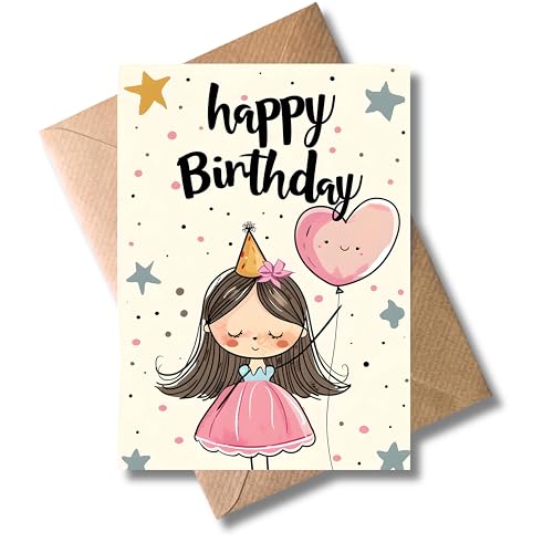 WBdesignz Mädchen Geburtstag Karte mit Umschlag - Süße Geburtstagskarte für Kinder Happy Birthday Prinzessin mit Herzluftballon Glückwunschkarte zum Geburtstag (DIN A6)