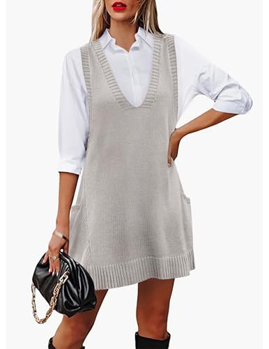 Image of HOTOUCH Women Sweater Vest Oversized V Neck Sleeveless Knit Pullover Ribbed Vest Dress with Pockets