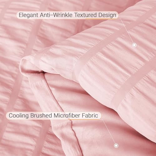 MUXHOMO 7 Pieces California King Comforter Set, Seersucker Bed in a Bag Cal King Size, All Season Luxury Bedding Set with Comforter, Flat Sheet, Fitted Sheet, Pillowcases & Shams, Pink