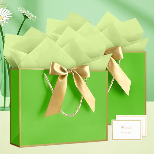 Image of JMANNI Gift Bags with Handles, 13 inch Medium Gift Bag for Presents, 1 Pcs Bags with 2 Tissue Paper and 1 Cards for Baby Shower Wedding Bridal Shower Mother's Day Birthday Party (Green-Gold
