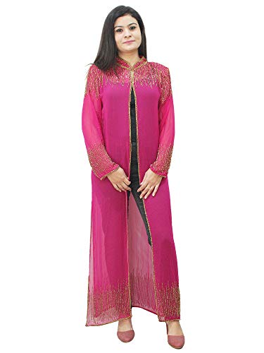 Image of Matelco Women Georgette Floor Length Hand Embroidered Embellished Longline Front Open Shrug Dress