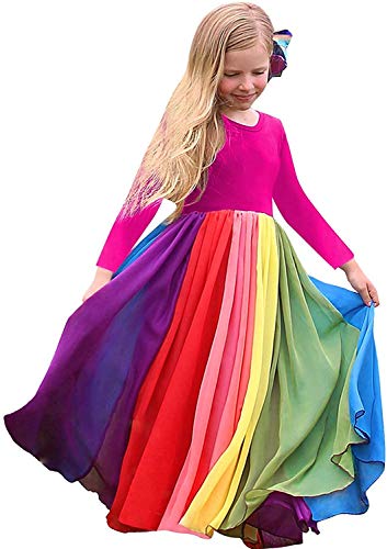 Toddler Kids Baby Girls Long Ruffle Strap Tutu Dress Pageant Full Length Maxi Skater Colorful Sundress Princess Birthday Outfits (Rose-Long Sleeve,5-6 Years)