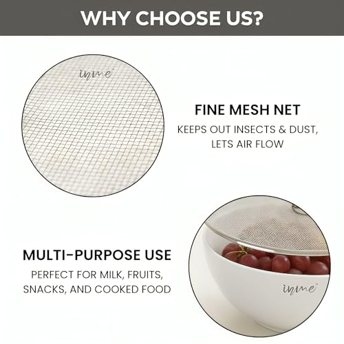 Image of Inme Stainless Steel Net Cover Lid for Vessel Utensil, Milk Cover Jali Multipurpose Net lids for Fruits Food Bowls Kadai Plate Mesh Strainer in Kitchen Dining Table - Set of 4, Silver