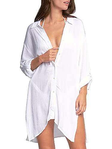 Elan Women's Wovens Button Down Shirt Dress Swim Cover Up White S