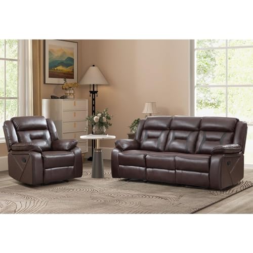Image of EBELLO Manual Recliner Sofa Set, Faux Leather Reclining Living Room Furniture Set, Included Recliner Chair and 3 Seat Manual Sofa, Dark Brown