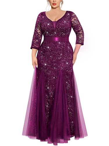 MISSMAY Women's Plus Size Double V-Neck Sequin Lace Tulle Mermaid Evening Wedding Formal Dress for Curvy Women