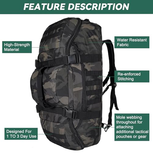 Image of Hannibal Tactical 55L Large Duffle Bag, 3-in-1 Tactical Backpack MOLLE Pack for Gym, Sports, Outdoor, Black Camo