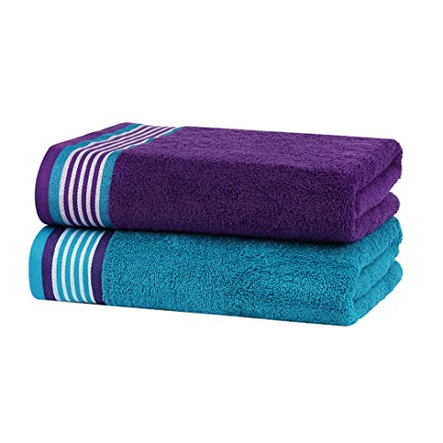 Image of Casa Copenhagen Germany Design - He & She Super Soft Collection 2 Pieces 100% Cotton Large Bath Towel (Size : 70 x 140 cm)- Teal Green & Violet Indigo