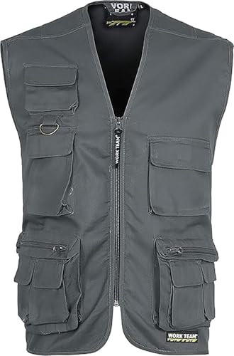 WORKTEAM Chaleco Safari Multibolsillos, Chaleco con Cremallera y Bolsillos Funcionales, Escote Pico, Unisex Gris L