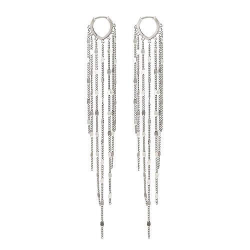 925 Sterling Silver Long Tassels Earrings Huggie Hoops for Women, White Gold Plated