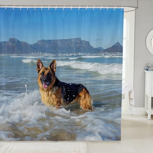 Image of Feelyou German Shepherd Shower Curtain Cute Dog Bathroom Shower Curtain Set for Stalls Bathtubs Ocean Beach Mountain Bath Curtain Hippie Pet Dog Waterproof Bathroom Curtains Room Decor 72x78 Inch
