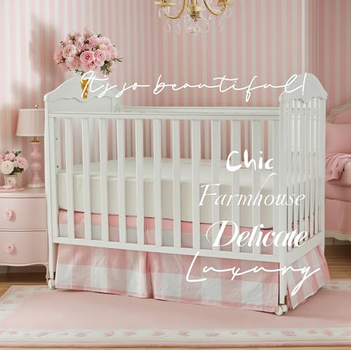 Image of Brandream Cotton Crib Skirt Gingham Tailored, Baby Boy, Baby Girl, Gender Neutral Crib Skirt, Toddler Bedskirt Chic Farmhouse Nursery Crib Bed Skirt, Bohemian Light Pink Plaid Gingham Dust Ruffles
