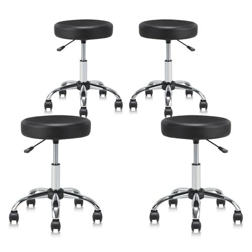 KLASIKA Set of 4 Round Rolling Stool Swivel with Wheels Adjustable Height Heavy Duty Wide Seat Drafting Stool Chair for Office Salon Massage Spa Medical Tattoo Beauty 4 Pack