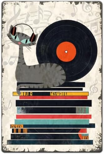 SUPERDANT Cat Records Tin Signs Music Record Metal Sign Poster Funny Vintage Wall Art Plaque Home Wall Decor for Man Cave Garage Bar Pub Living Room Bedroom Party Decoration Outdoor Gifts