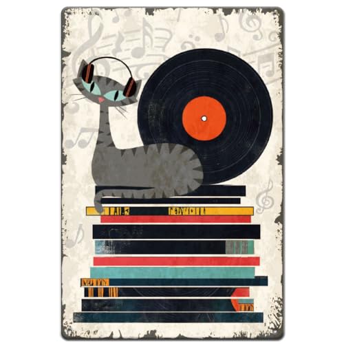 SUPERDANT Cat Records Tin Signs Music Record Metal Sign Poster Funny Vintage Wall Art Plaque Home Wall Decor for Man Cave Garage Bar Pub Living Room Bedroom Party Decoration Outdoor Gifts