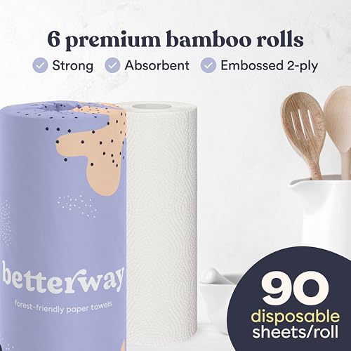Betterway Bamboo Paper Towels - 6 Rolls, 2 Ply - Plastic Free, Disposable Kitchen Paper Towels - Select Size, Tree Free, Compostable, Strong & Absorbent, No Dyes - PFAS Free - Image 4