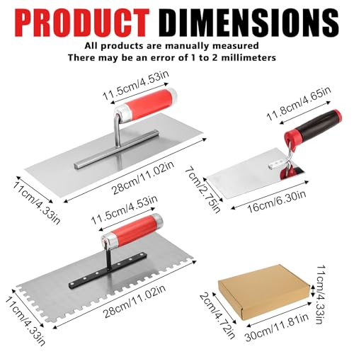 GBKDQQ Edelstahl Maurerkelle, 3-teiliges Set Glättekelle Edelstahl-Glättekelle Set mit Putzkellen Set Stukkateurspachtel mit Gummigriff, Stuckateur Werkzeug FürPutzmassen, Beton