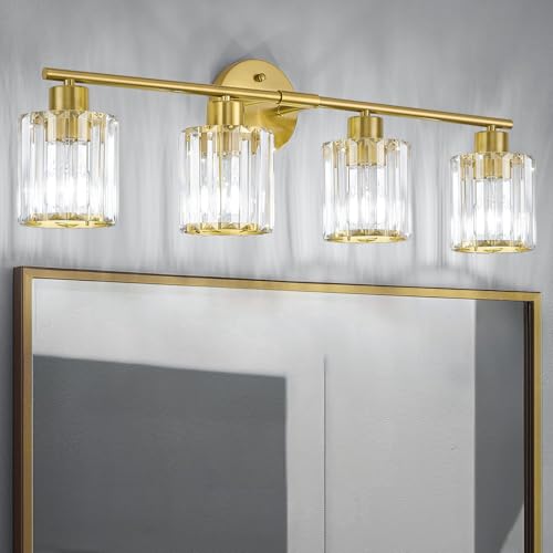 Image of Modern Gold Crystal Bathroom Light Fixtures,4-Light | Bathroom Lighting Fixtures over Mirror,Vanity Lights for Mirror, Restroom(Ceramic E26 Socket,Bulbs Not Include)