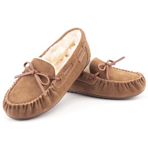 Parfeying Women's Sheepskin Moccasins Cow Suede Memory Foam Slippers Indoor Outdoor Shearling Winter Shoes