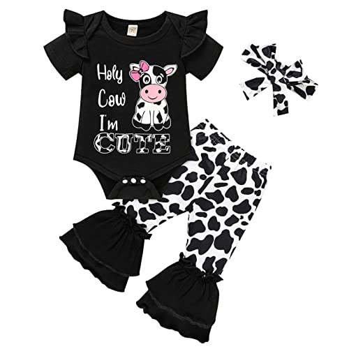 Image of GRNSHTS Newborn Girl Clothes Baby Cow Letter Print Romper+Long Pants+Headband 3PCS Cute Summer Fall Outfits
