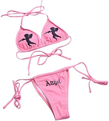 Guccou Women Gothic Bikini Swimsuit Set Y2K Cute Micro Bra Thong Bikini Set Two Piece Goth Skull Swimwear E-Girl Beachwear Bikini Swimsuit (Pink Angel, Small)