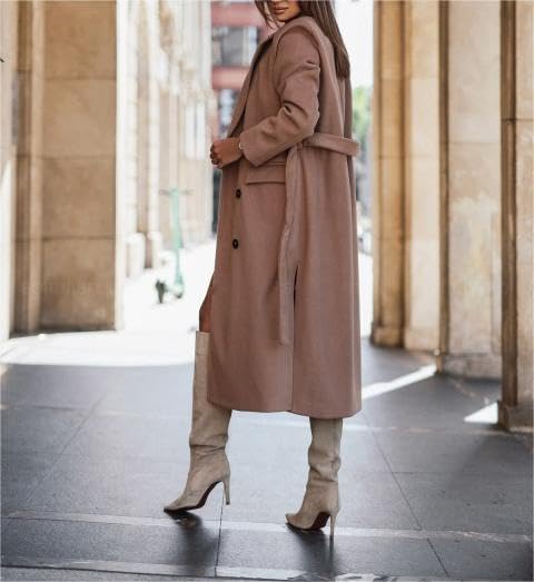 Womens Double Breasted Lapel Trench Coat Classic Solid Color Casual Cardigan Jacket Slim with Belt Outerwear2