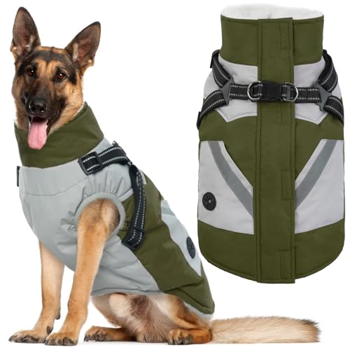 IECOii Dog Jacket Winter Harness Built in -Green,XXXLarge- Zip Up Dog Coat Winter Clothes for Large Dogs Waterproof, Dogs Snowsuit Snow Jacket D-Rring Labrador German Shepherd Doberman Rottweiler by IECOii - Used condition - US$22.65