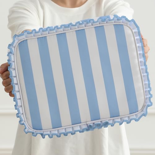 EMBRUNIOICE Stripe Ruffle Makeup Bag,Large Travel Cute Cosmetic Bag for Women Girls,Toiletry Bag Make up Organizer 10.8 x 4.5 x 8 inch (Blue Stripe)
