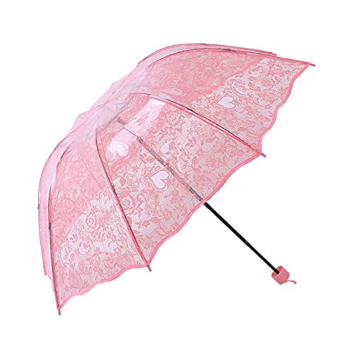Hacoly Tragbarer Regenschirm Sonnenschutz UV-Regenschirm Winddicht Regenschirm Blume Transparent Sonniger Regenschirm Doppelschicht Windsicher Stabil Taschenschirm-Rosa