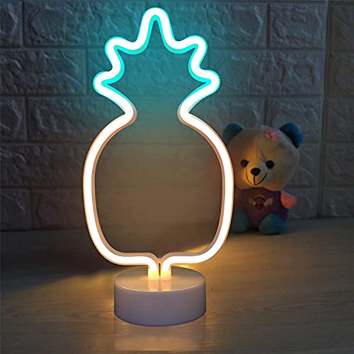Image of Pineapple Neon Sign, Attivolife Yellow & Green Pineapple Shaped LED Lamp Art Decoration, Accessories for Home Bedroom Party Supplies, Cute Christmas Birthday Gifts